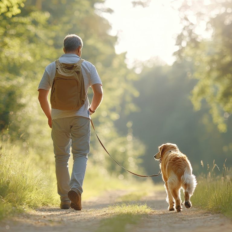 Mann geht mit einem Hund auf einem Waldweg in der Morgensonne.