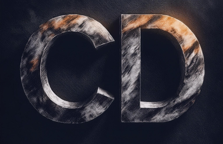 Alles über Hunde- Christiana Gramlich Hundetrainerin Der Schriftzug "CD" in einem metallic wirkenden, strukturierten Design auf dunklem Hintergrund.