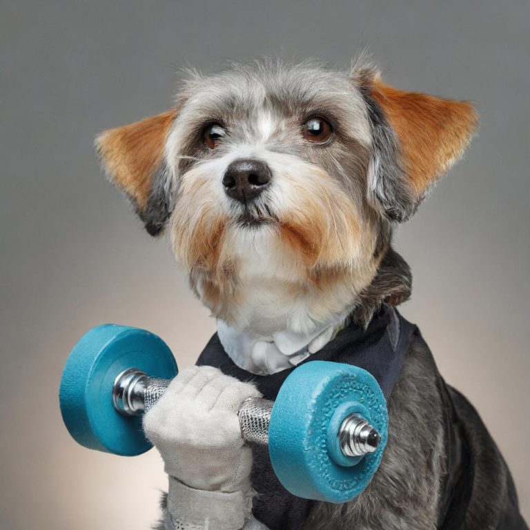 Ein Hund hält eine kleine Hantel und trägt eine Weste.