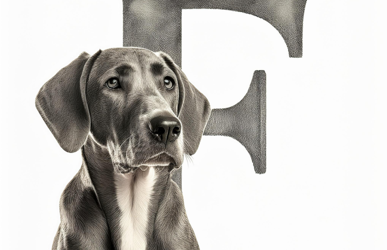 Alles über Hunde- Christiana Gramlich Hundetrainerin Graue Hündin sitzt neben einem großen Buchstaben "F".