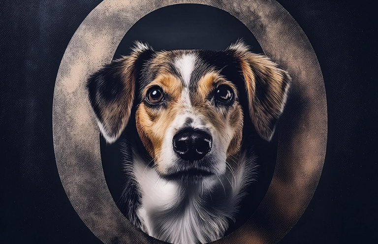 Alles über Hunde- Christiana Gramlich Hundetrainerin Ein Hund mit braunen und weißen Fell, der durch einen ovalen Rahmen schaut.