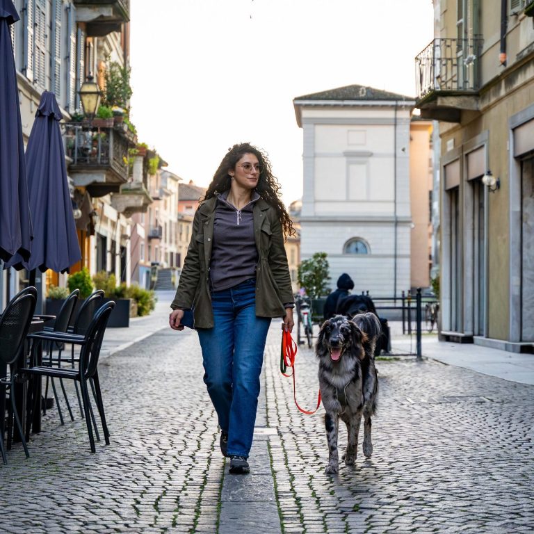 Frau mit Hund spaziert in einer gepflasterten Straße zwischen Cafés.